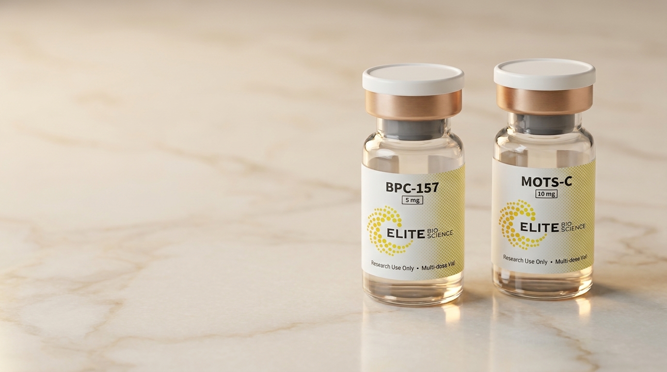 Elite Bioscience peptide vials — BPC-157 and MOTS-C research vials