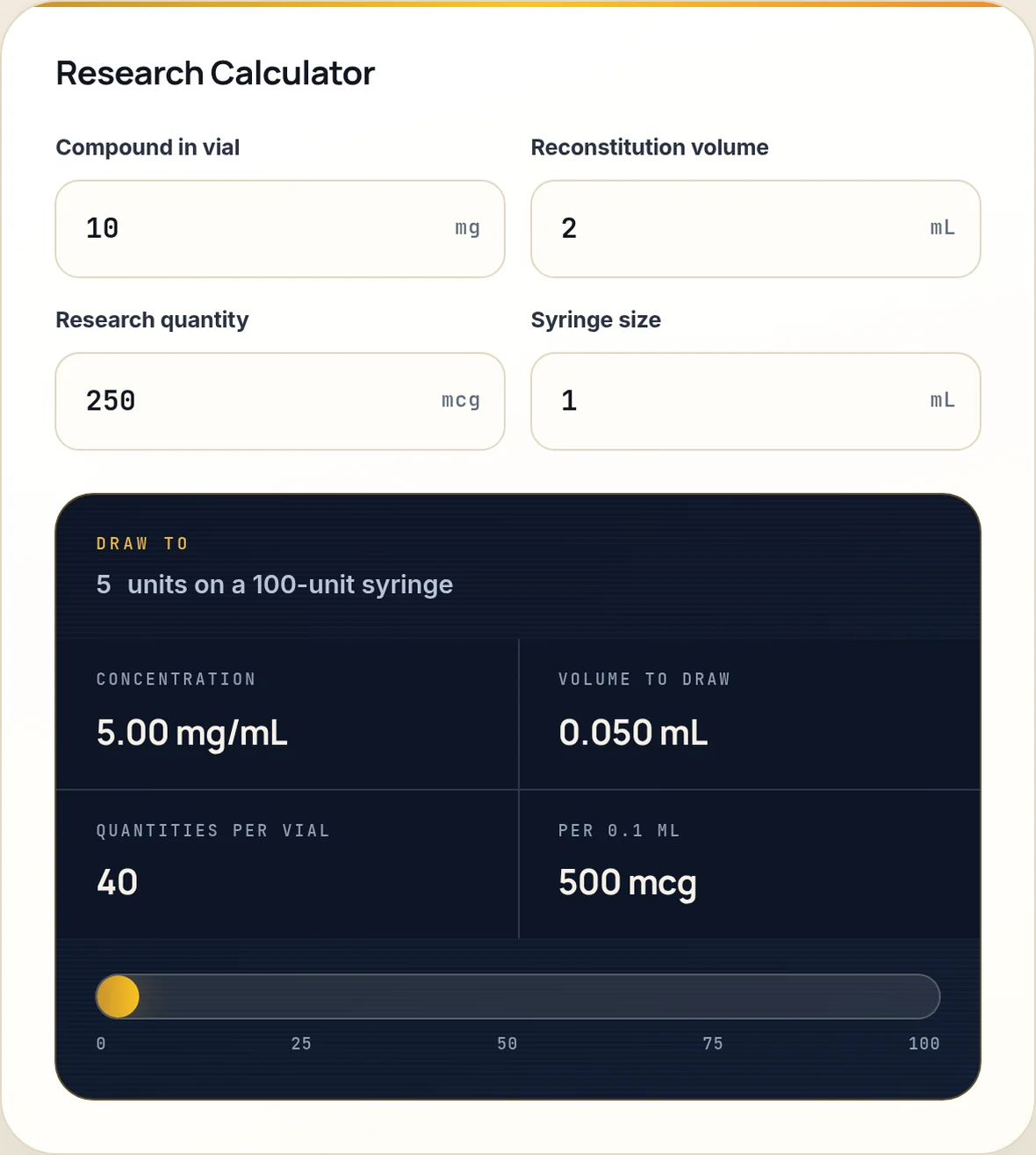 Elite Bioscience Research Calculator — concentration, volume to draw and quantities per vial
