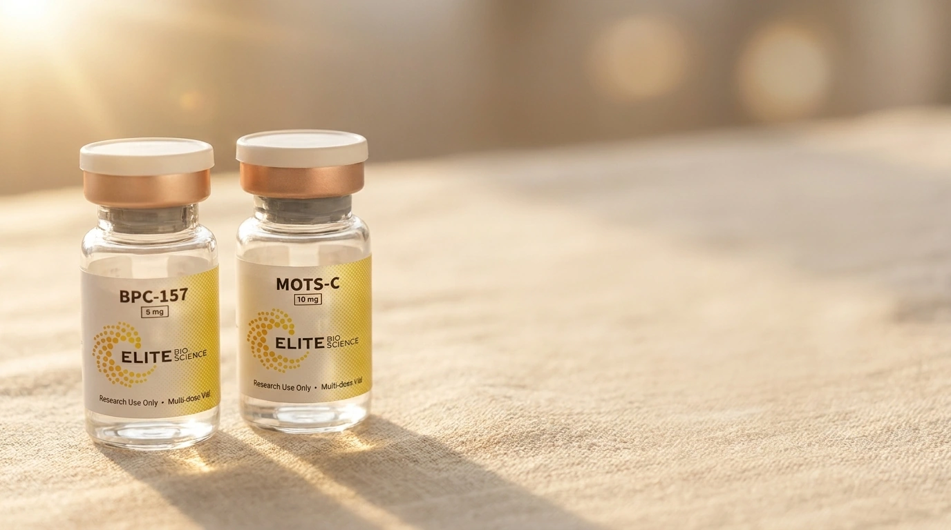 Elite Bioscience BPC-157 and MOTS-C in warm golden-hour lighting on the left