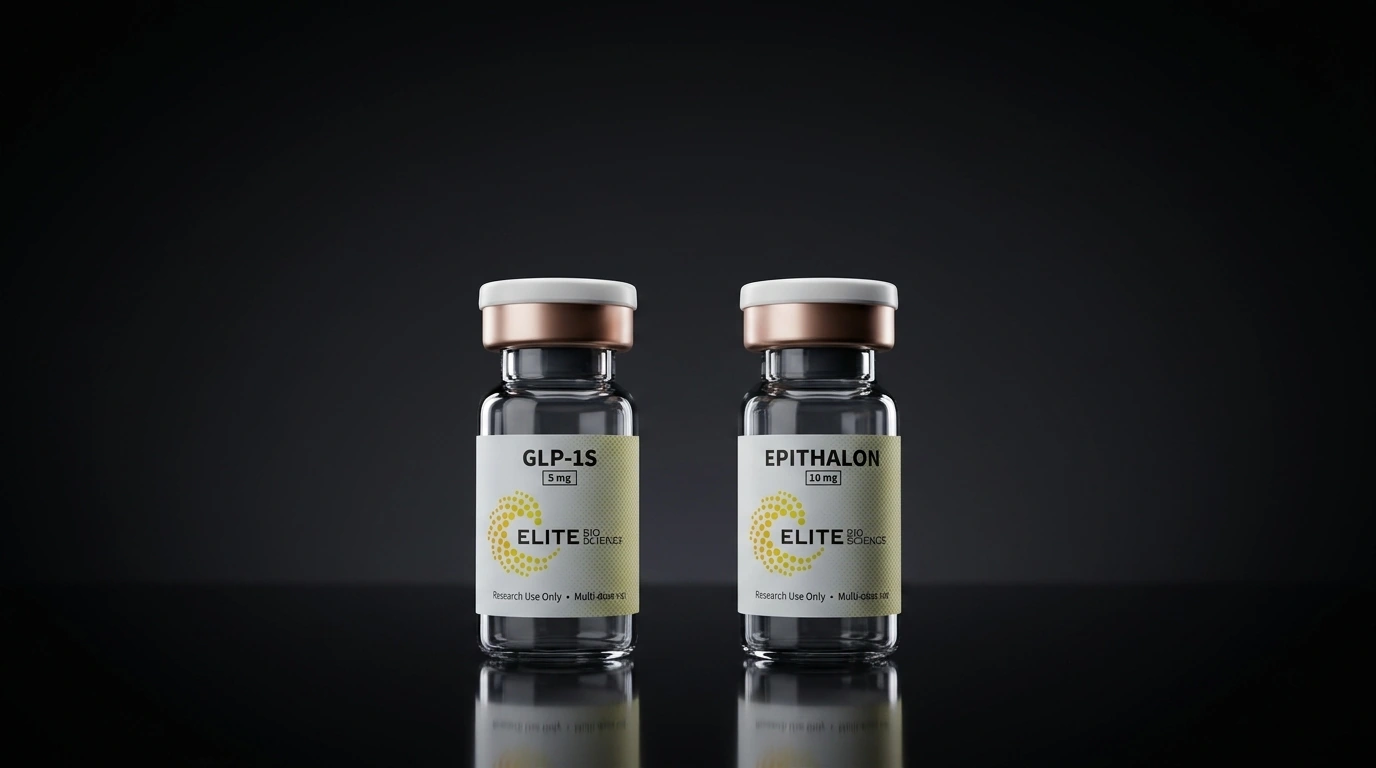 Elite Bioscience GLP-1S and Epithalon vials in a low-angle premium studio lineup
