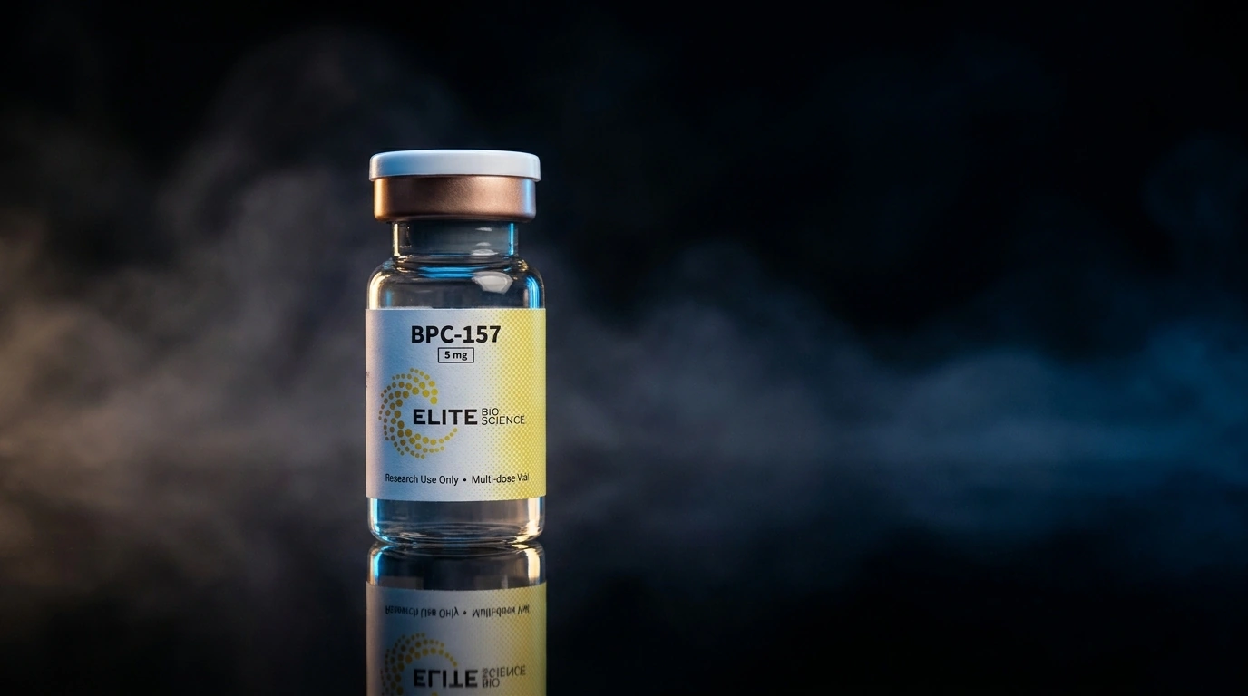 Elite Bioscience BPC-157 vial on a reflective black surface